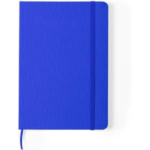 A blue notepad with a textured cover, featuring an elastic band and a ribbon bookmark. It includes a logo.