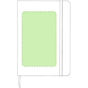 A white notepad with a green panel and a bookmark ribbon. It features a logo on the cover.