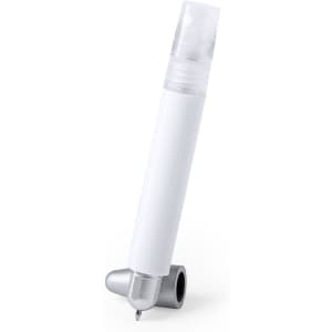 A white multifunction antibacterial pen with a clear cap and a silver tip, featuring a logo.