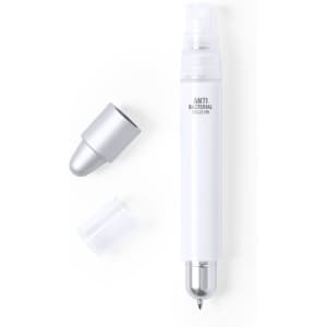 A multifunction antibacterial pen in white, featuring a silver cap and a transparent protective cover.