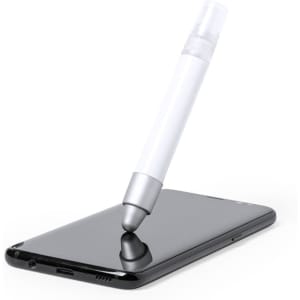A silver and white antibacterial pen hovering over a sleek black smartphone screen. The pen features a logo.