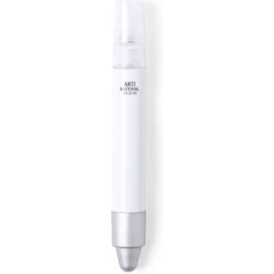 A white antibacterial pen with a silver tip, featuring a branding logo.