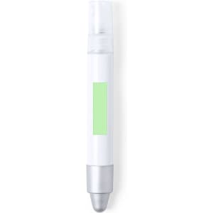 A white antibacterial pen with a translucent green section and a silver tip, featuring a logo.