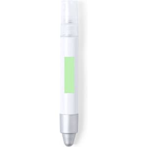 A multifunction antibacterial pen in white and silver, featuring a green section and a logo.