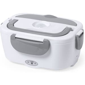A white electric lunch box with grey accents and a handle, featuring a round steam vent on the lid.