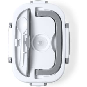 A white electric lunch box with grey handles, featuring a compartment for utensils and a lid design.