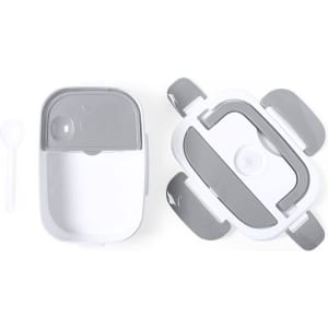 A white and grey electric lunch box with detachable compartments and a spoon included. It also features a logo.