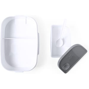 A grey and white electric lunch box with a removable compartment, spoon, and separate container. It features a logo.
