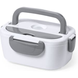 A white electric lunch box with a grey handle and accents, featuring a secure lid. It has a logo on it.