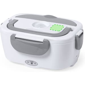 A white and grey electric lunch box with a handle, featuring a logo and buttons on the front.