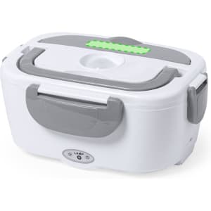 A white and grey electric lunch box with a latch and a small indicator light. Features a smooth, rounded design.