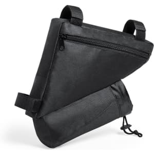 A black bike bag with a triangular design, featuring zippers and adjustable straps for secure attachment.
