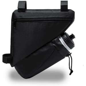 A black bike bag with a drink bottle holder, featuring zippers and adjustable straps. It has a minimalist design.