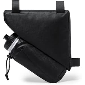 A black bike bag with a drink bottle secured inside, featuring adjustable straps and a sleek design.