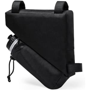 A black triangular bike bag with a drink bottle partially visible, featuring straps for attachment.