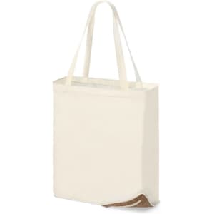 A cream foldable tote bag with two handles and a textured base, featuring a branding logo.