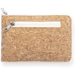 A cork-textured zip pouch in natural tones with a white zipper and a small front pocket.