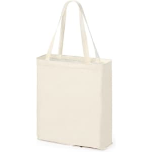 A cream foldable tote bag with two handles and a simple design. It features a logo on one side.