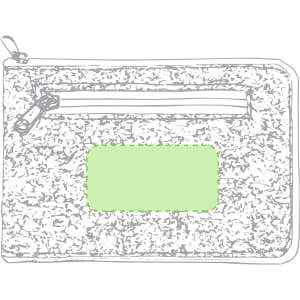 A grey bag with a textured surface and a front zippered pocket, featuring a placeholder for a label.