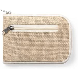 A natural jute foldable bag with a zip closure and a small front pocket. It has a logo on the front.