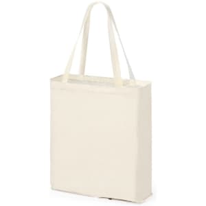 A cream foldable bag with two handles and a simple design. It features a logo on one side.