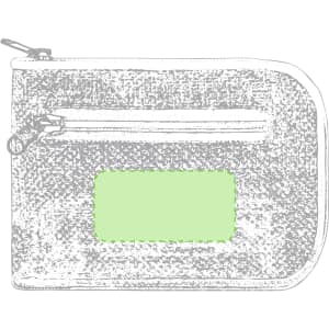 A foldable bag in a textured grey material with a green transparent pocket and a zip closure. It features a logo.