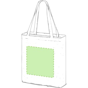 A foldable bag in a light colour with two shoulder straps and a green highlighted area on the front.
