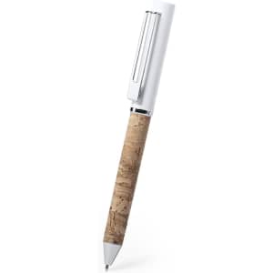 A metal pen with a white top and a cork textured barrel, featuring a clip and branding.