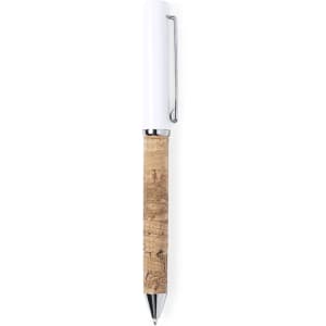 A metal pen with a cork-like body and a white top, featuring a clip and silver accents. The pen has a branding logo.