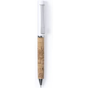 A metal pen with a white top and a natural cork-patterned barrel. It features a branding logo.