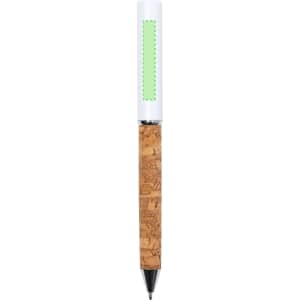A metal pen featuring a cork body and a white cap with a green accent, along with a logo.