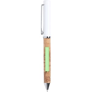 A metal pen with a white top and a textured wooden barrel, featuring a green accent and a clip.