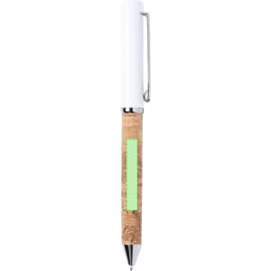 A metal pen with a white top and a cork body, featuring a glossy silver clip and a logo.