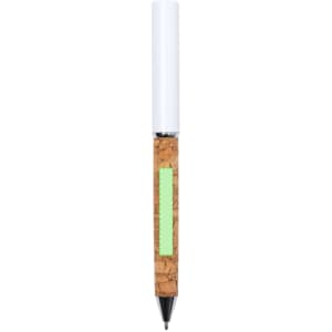 A metal pen with a cork body and a white cap, featuring a green accent. It has a logo on the side.