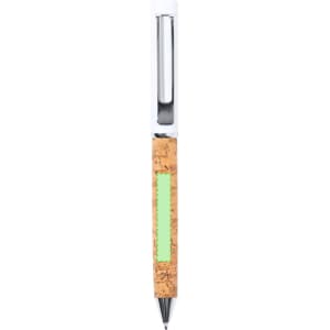 A metal pen with a cork body and a green accent, featuring a shiny silver clip and a polished tip.