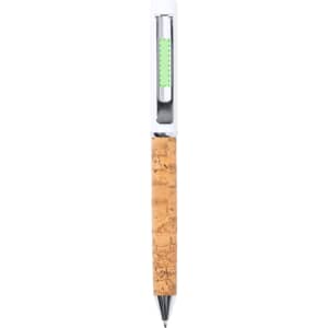A metal pen with a cork grip, featuring a silver clip and tip, and a green ink indicator.