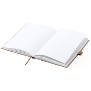 An open notepad with a brown cover and blank white pages featuring a ribbon bookmark.