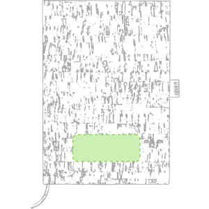 A notepad with a textured cork design and a green highlighted area. The product includes a logo.