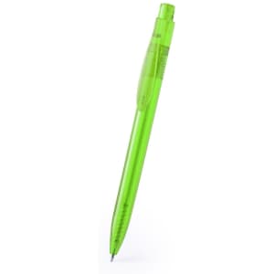 A green plastic pen with a transparent barrel and a click retractable mechanism, featuring a logo.