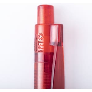 A red plastic pen featuring a transparent design and a branding logo.