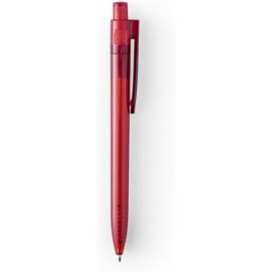 A red plastic pen with a clip and a transparent barrel, featuring a logo on its surface.
