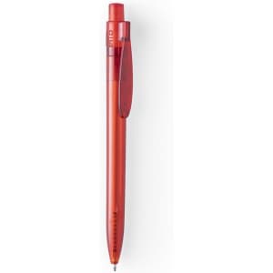 A red plastic pen with a transparent body and a clip, featuring a logo on the side.