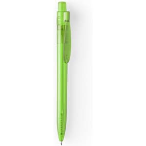 A green plastic pen with a transparent barrel and a clip, featuring a logo on the side.