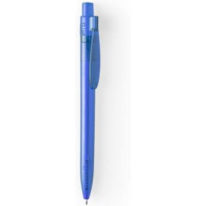 A blue plastic pen with a transparent barrel and a clip. The pen has a branding logo on it.