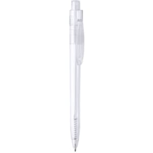 A transparent plastic pen featuring a click mechanism and ribbed grip. It has a branding logo on the barrel.