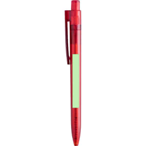 A red plastic pen with a clip and a green section. The pen has a logo on its body.