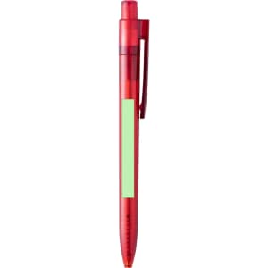 A red plastic pen with a clip and a transparent barrel, featuring a green placeholder area.