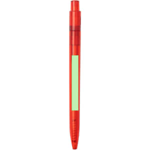 A red plastic pen with a clear body and a blank section for personalisation.