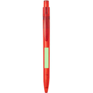 A red plastic pen with a transparent body and a light green section. It features a cap at the top and a logo on the barrel.