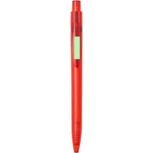 A red plastic pen with a transparent barrel and a logo on the body.